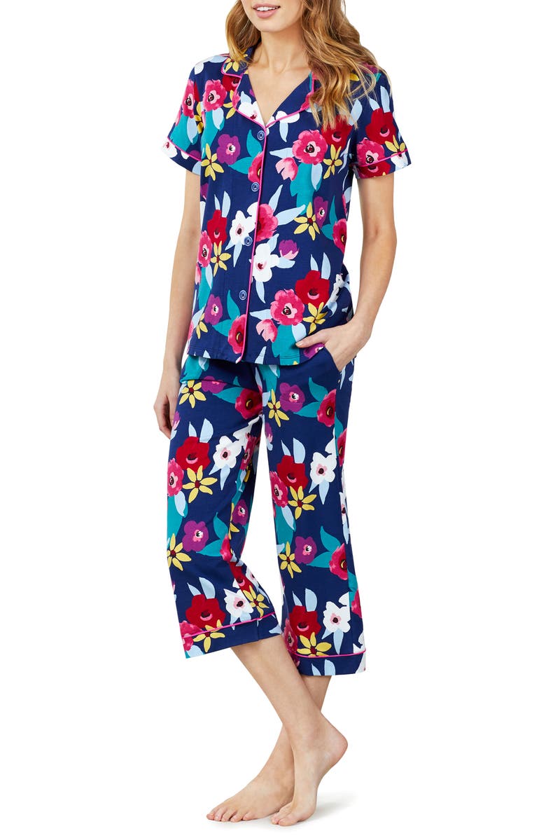 BedHead Pajamas Navy Shadow Blossom Organic Cotton Crop Pajamas, Alternate, color, 