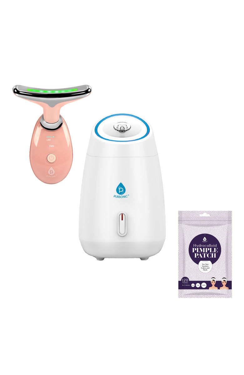 PURSONIC Complete At-Home Facial Spa Bundle - Facial Steamer, 7-in-1 LED Light Therapy Device & Hydrocolloid Pimple Patches, Main, color, White