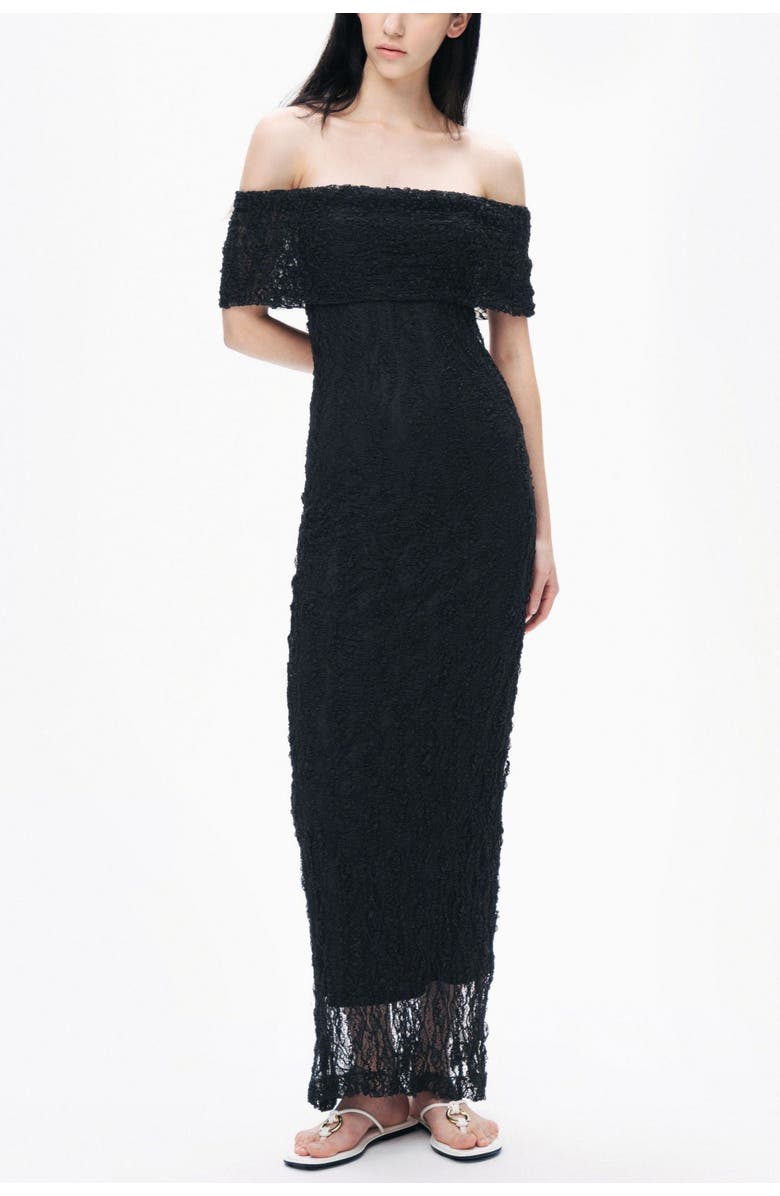 Nocturne Black Off-Shoulder Lace Maxi Dress, Main, color, 
