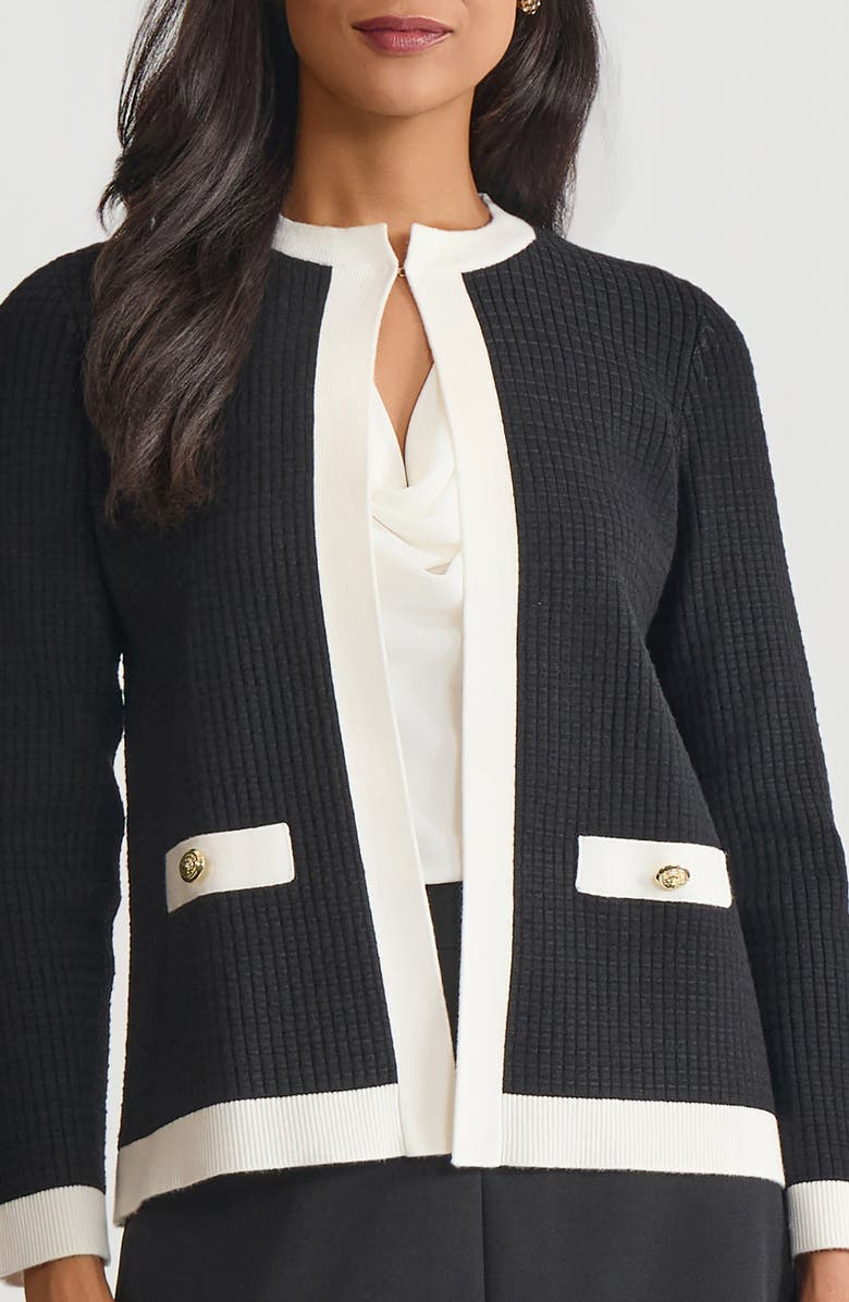 KASPER Kissing Front Rib Cardigan, Alternate, color, Black/ Vanilla Ice