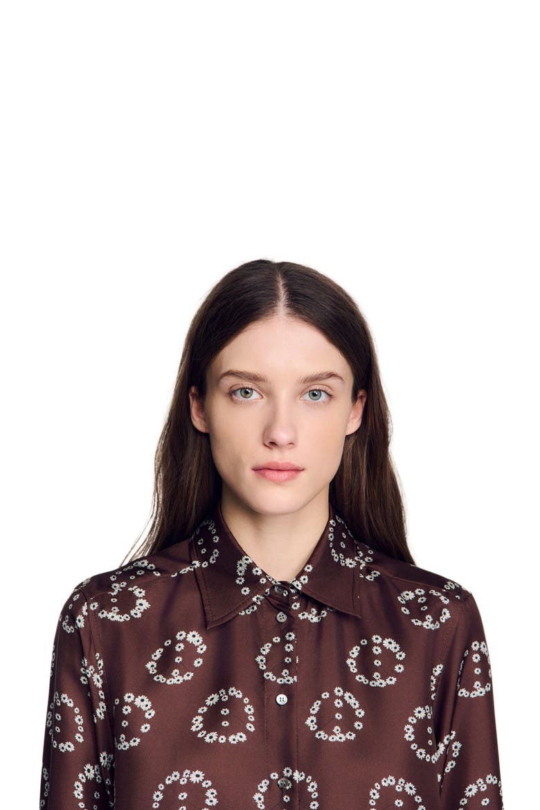 Floral print silk shirt, Alternate, color, Brown