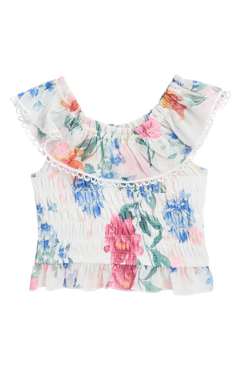 Truly Me Kids' Floral Print Ruffle Top, Main, color, White Multi