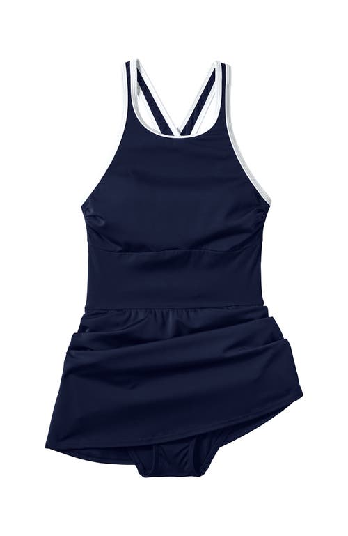 Lands' End Chlorine Resistant Tugless High Neck Swim Dress One Piece Swimsuit In Multi
