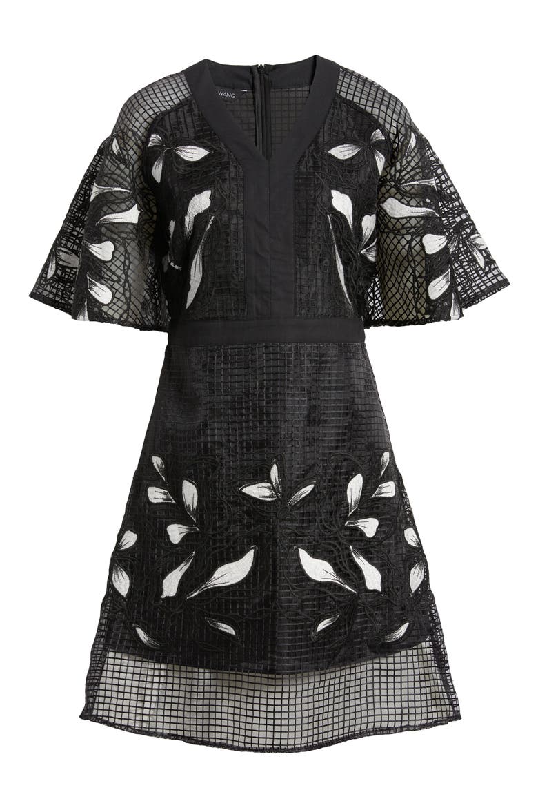 Floral Appliqué Mixed Media Dress, Alternate, color, BLACK/WHITE
