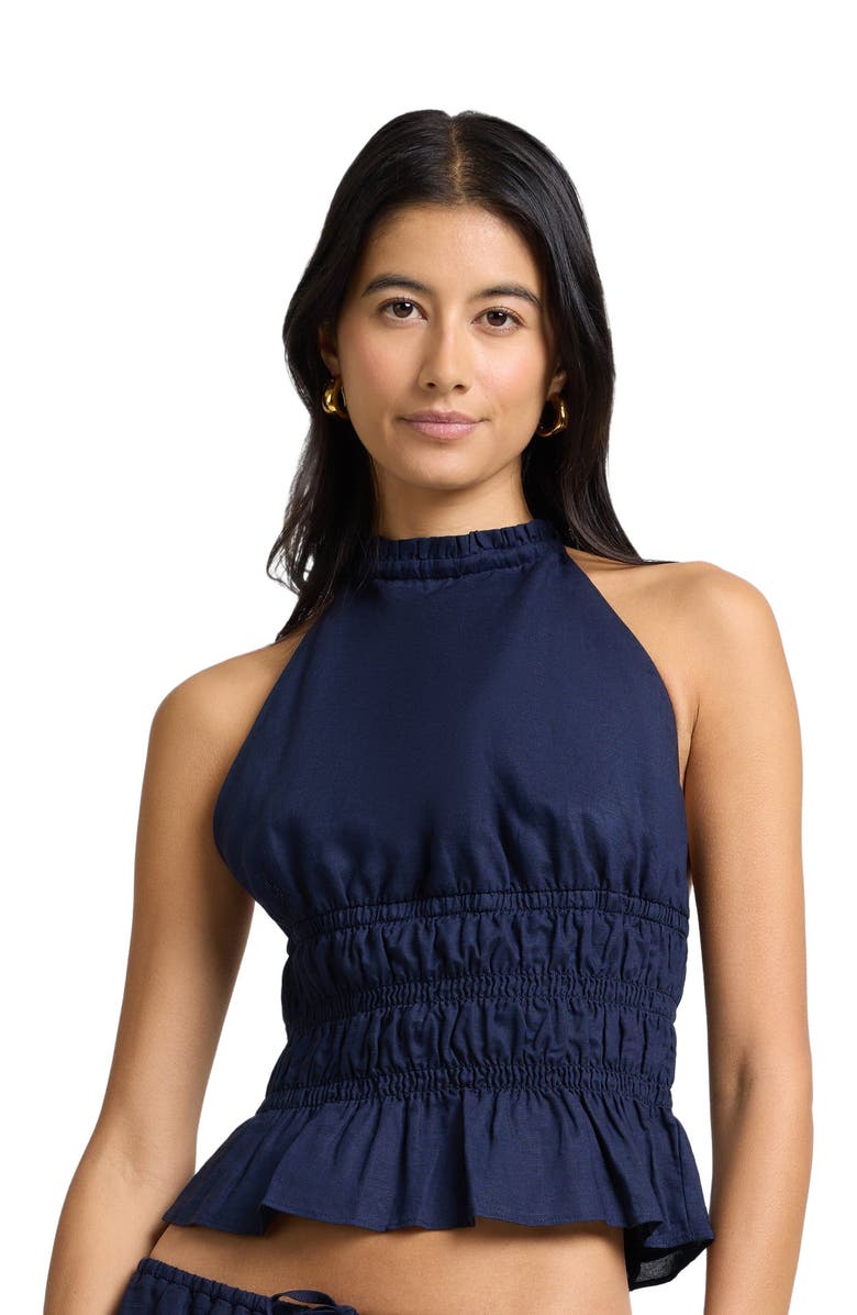 Onia Air Linen Smocked Halter Top, Alternate, color, Noir Navy