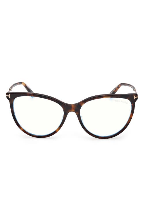 Tom Ford 56mm Cat Eye Blue Light Blocking Optical Glasses In Havana/t Logo/blue Block