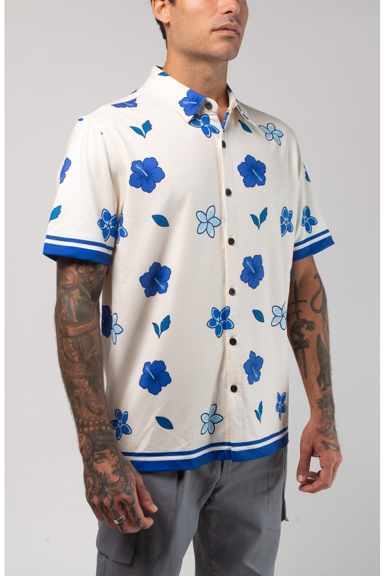 Aqua Terra Floral Dream Tech Short Sleeve Performance Button-Up Shirt, Alternate, color, SAND MULTI