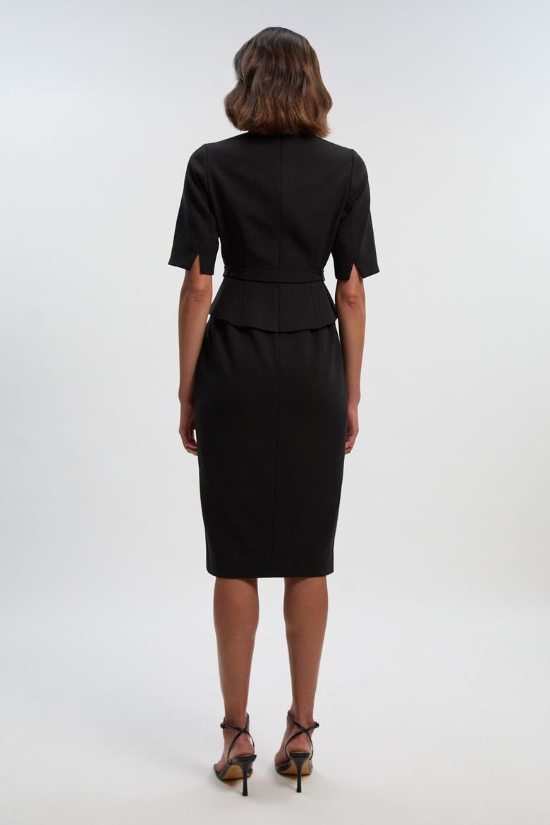 Asymmetric Neck Belted Pencil Midi Dress, Alternate, color, Black