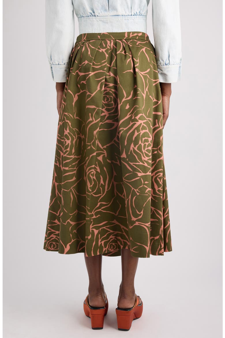 Soni Giant Couture Rose Print Pleated Cotton Poplin A-Line Midi Skirt, Alternate, color, KHAKI