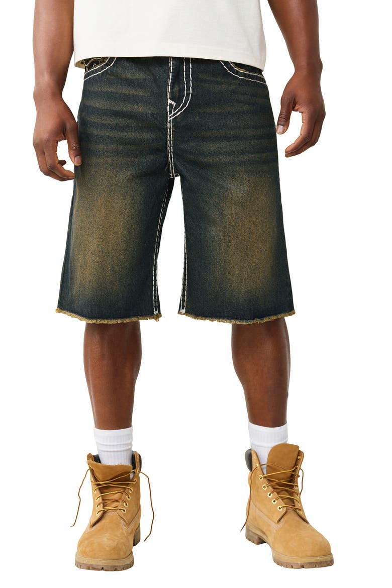 Vinny Big T Flap Fray Hem Denim Shorts, Main, color, RUSTED DENIM DARK WASH