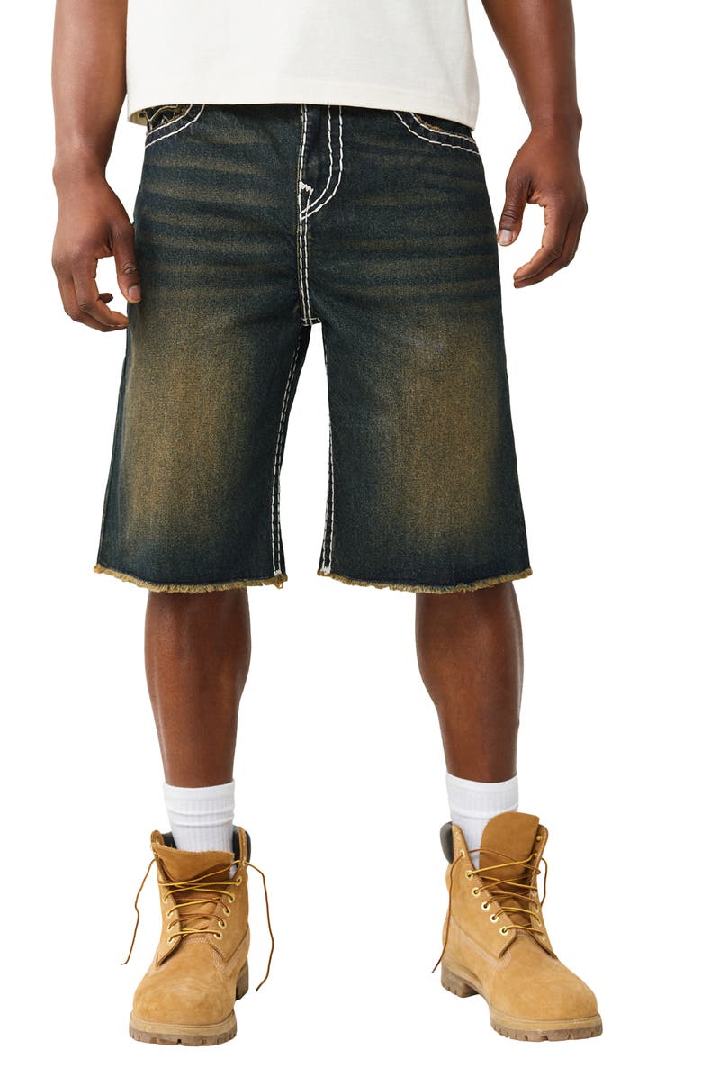 True Religion Vinny Big T Flap Fray Hem Denim Shorts, Main, color, Rusted Denim Dark Wash