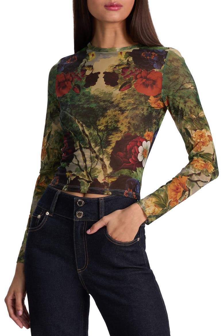 Delaina Printed Long Sleeve Mesh Top, Main, color, FORBIDDEN FOREST