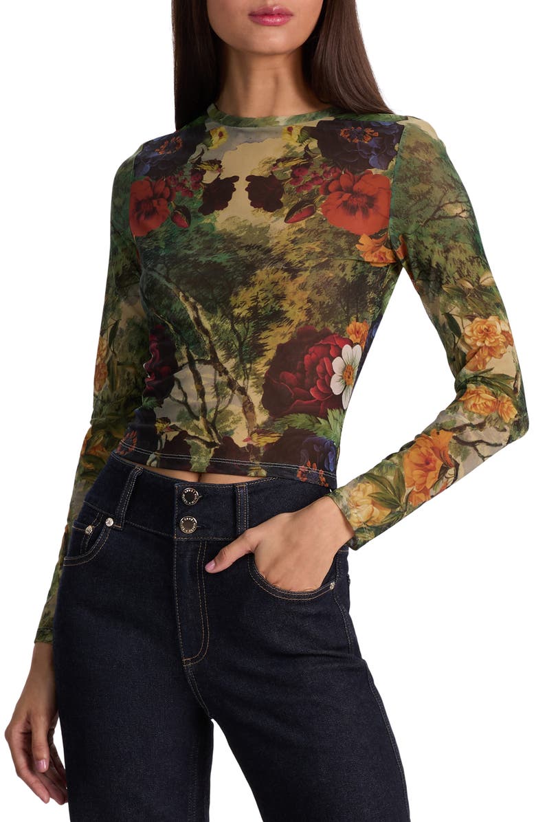 Alice + Olivia Delaina Printed Long Sleeve Mesh Top, Main, color, Forbidden Forest