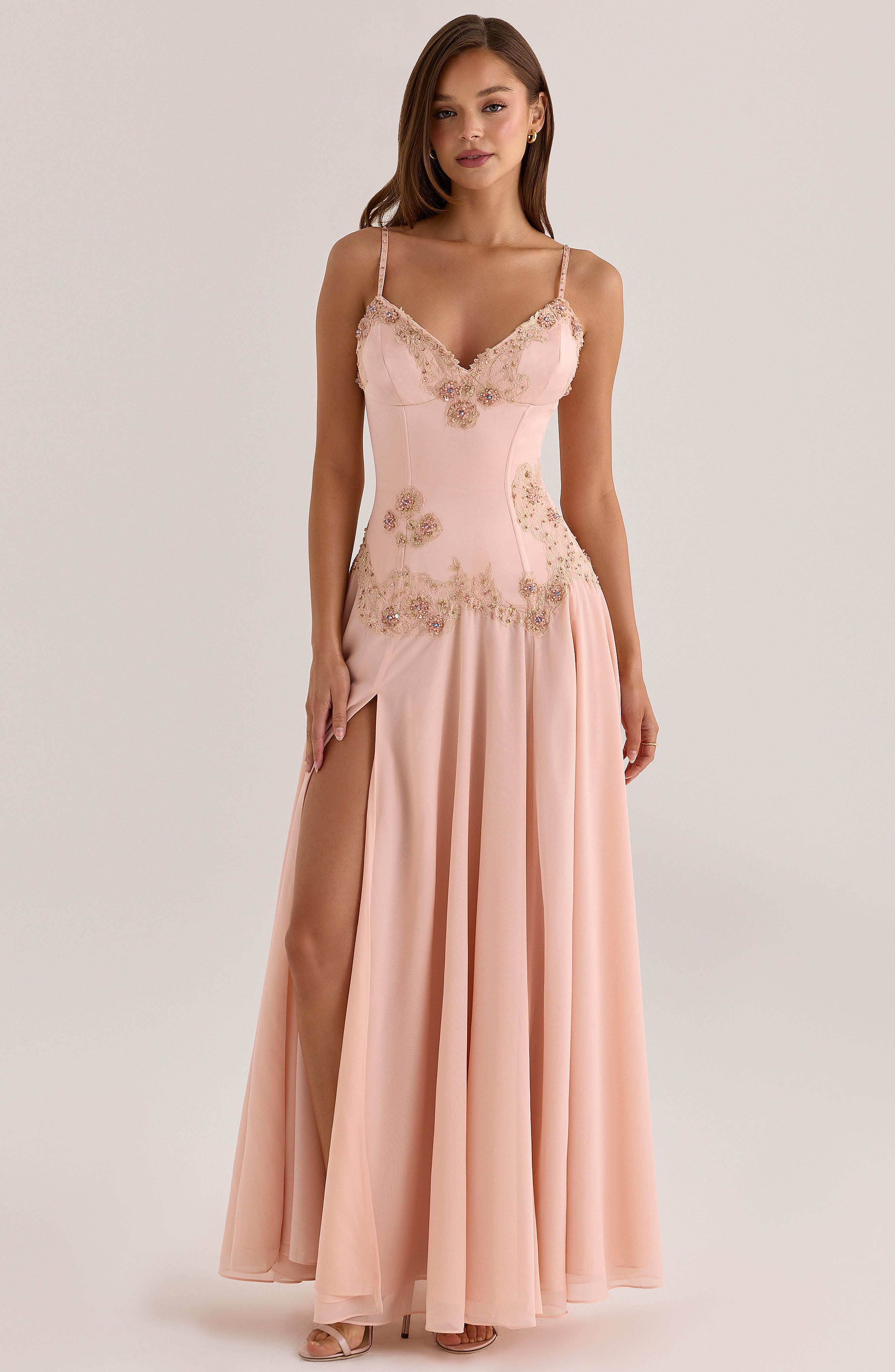 house of cb engagement dress Saloma Satin Georgette Gown (Women) SecretSculpt it promises durability and Spaghetti Strap Open Back Pink dress Style:Closed Belly