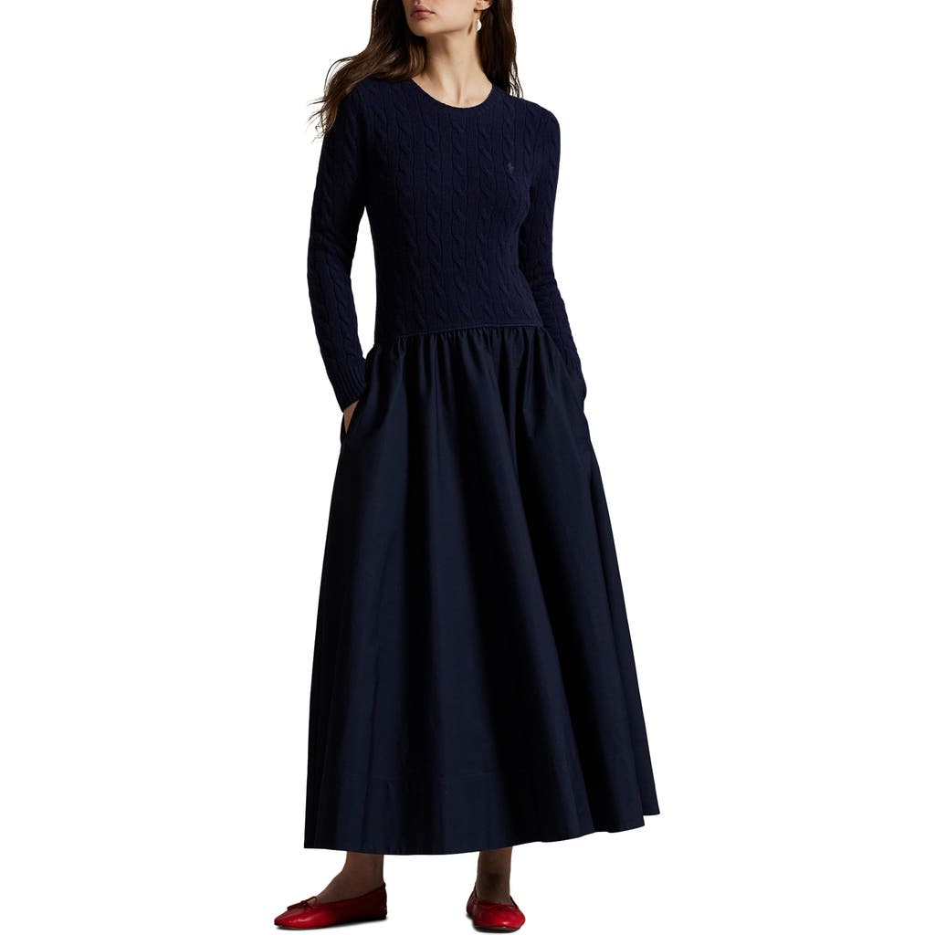 Polo Ralph Lauren Mixed Media Cable Stitch Long Sleeve Maxi Dress In Blue