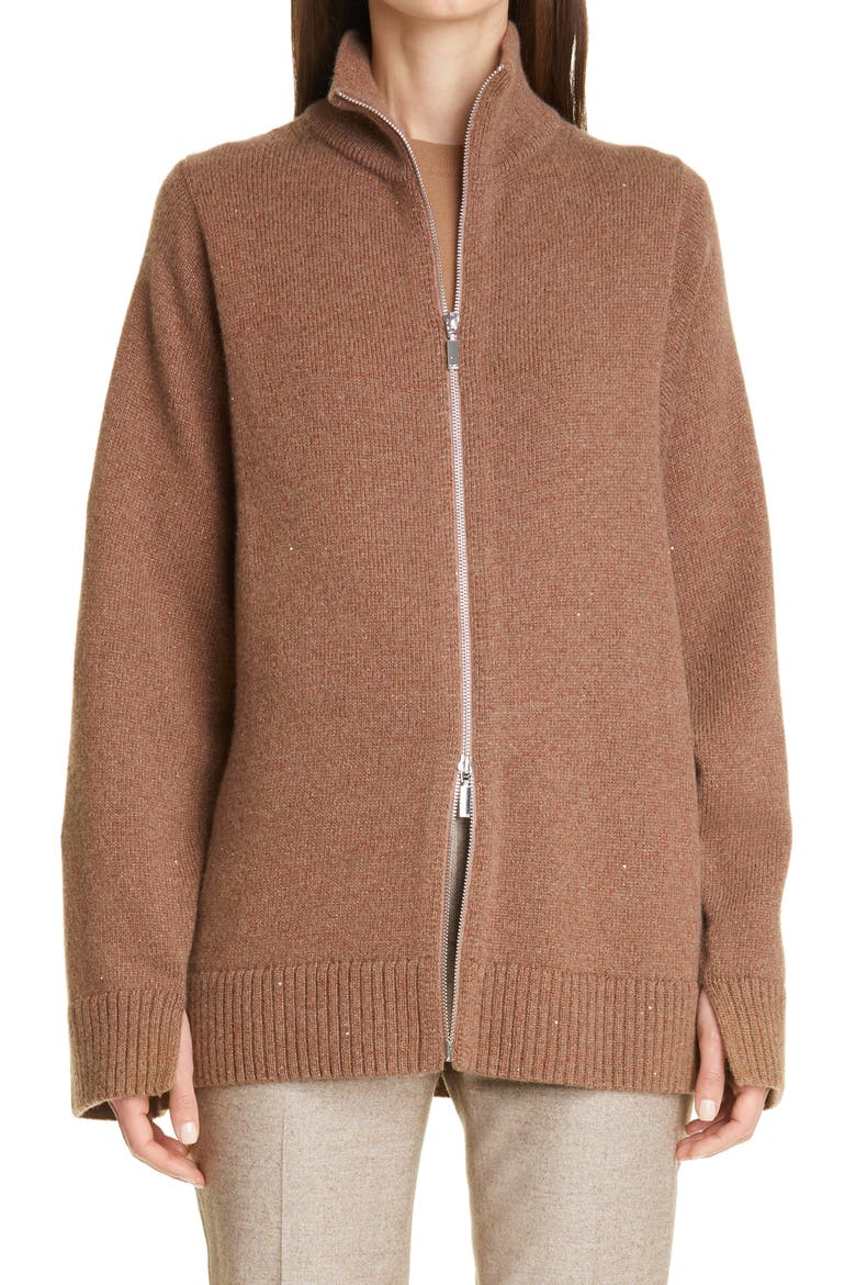 Sequin Zip Cashmere & Silk Cardigan, Main, color, TOBACCO METALLIC