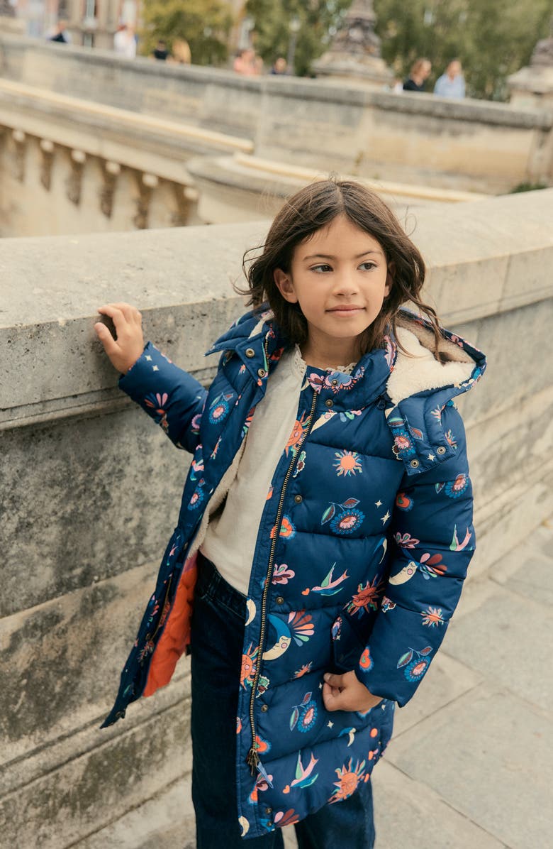 Mini Boden Kids' Hooded Longline Puffer Coat, Alternate, color, College Navy Spaced Celestial