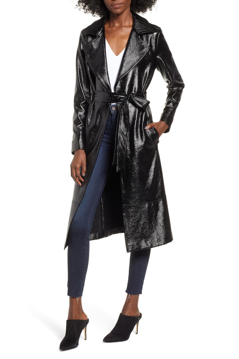 Faux Patent Leather Trench Coat, Main, color, BLACK