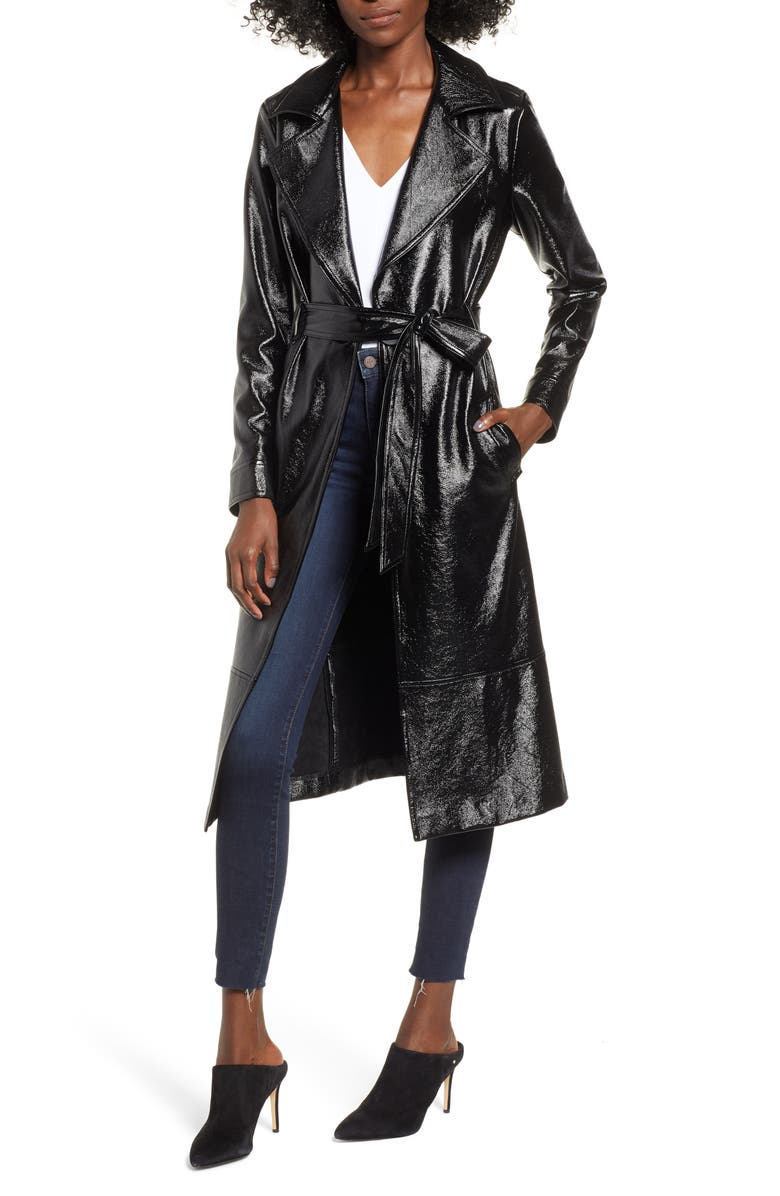 Leith Faux Patent Leather Trench Coat, Main, color,