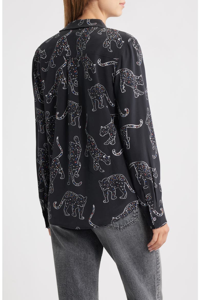 Kate Jaguar Print Silk Button-Up Shirt, Alternate, color, BLACK JAGUARS