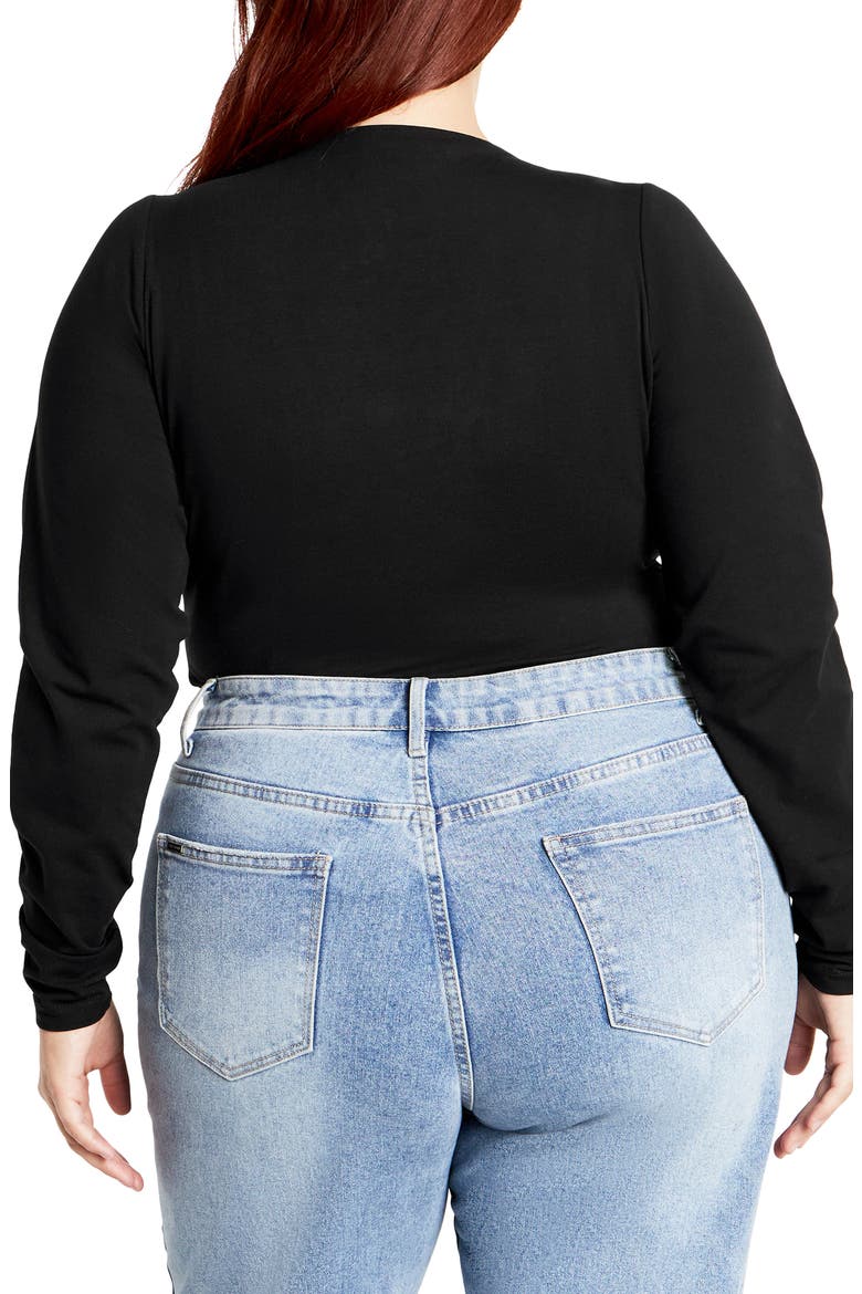 Amelia Pleated Long Sleeve Stretch Cotton Bodysuit, Alternate, color, BLACK