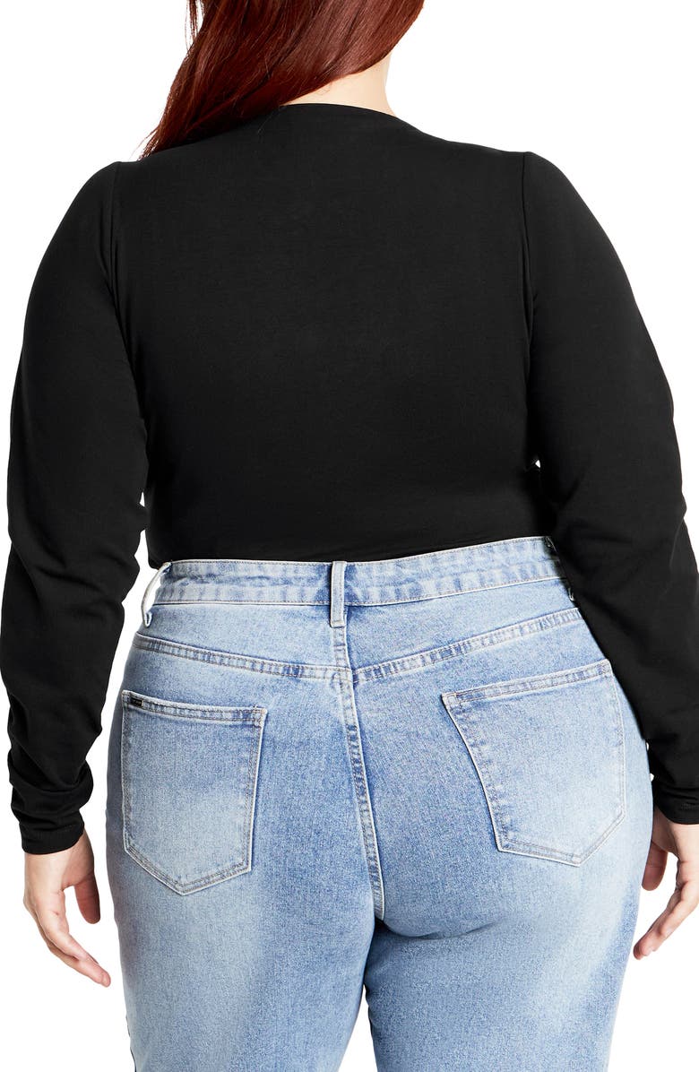 City Chic Amelia Pleated Long Sleeve Stretch Cotton Bodysuit, Alternate, color, Black