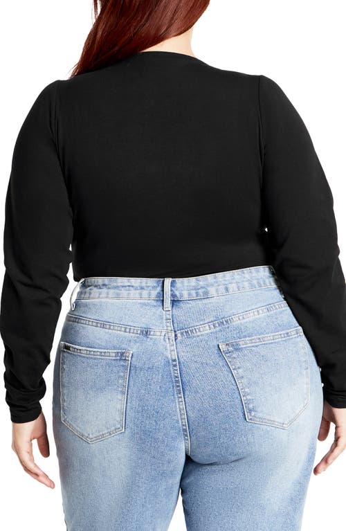 City Chic Amelia Pleated Long Sleeve Stretch Cotton Bodysuit In Black
