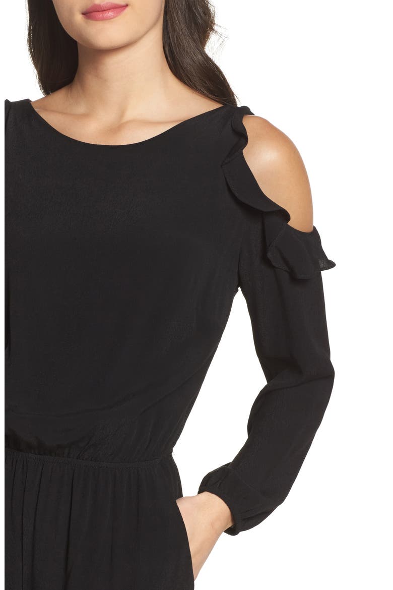 Ruffle Cold Shoulder Jumpsuit, Alternate, color, BLACK