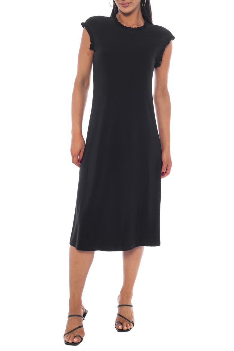 Ruffle Neck A-Line Midi Dress, Main, color, BLACK