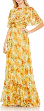 Mac Duggal Floral Print High Neck Cape Sleeve A Line Gown