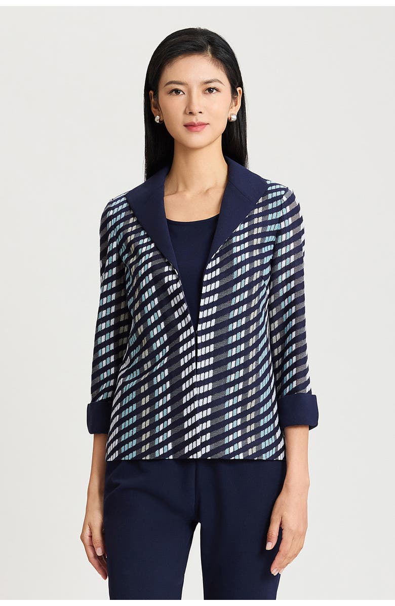 Ming Wang Heritage Mixed-Media Wing Collar Jacket, Main, color, Indigo/Limestone/Serene/White
