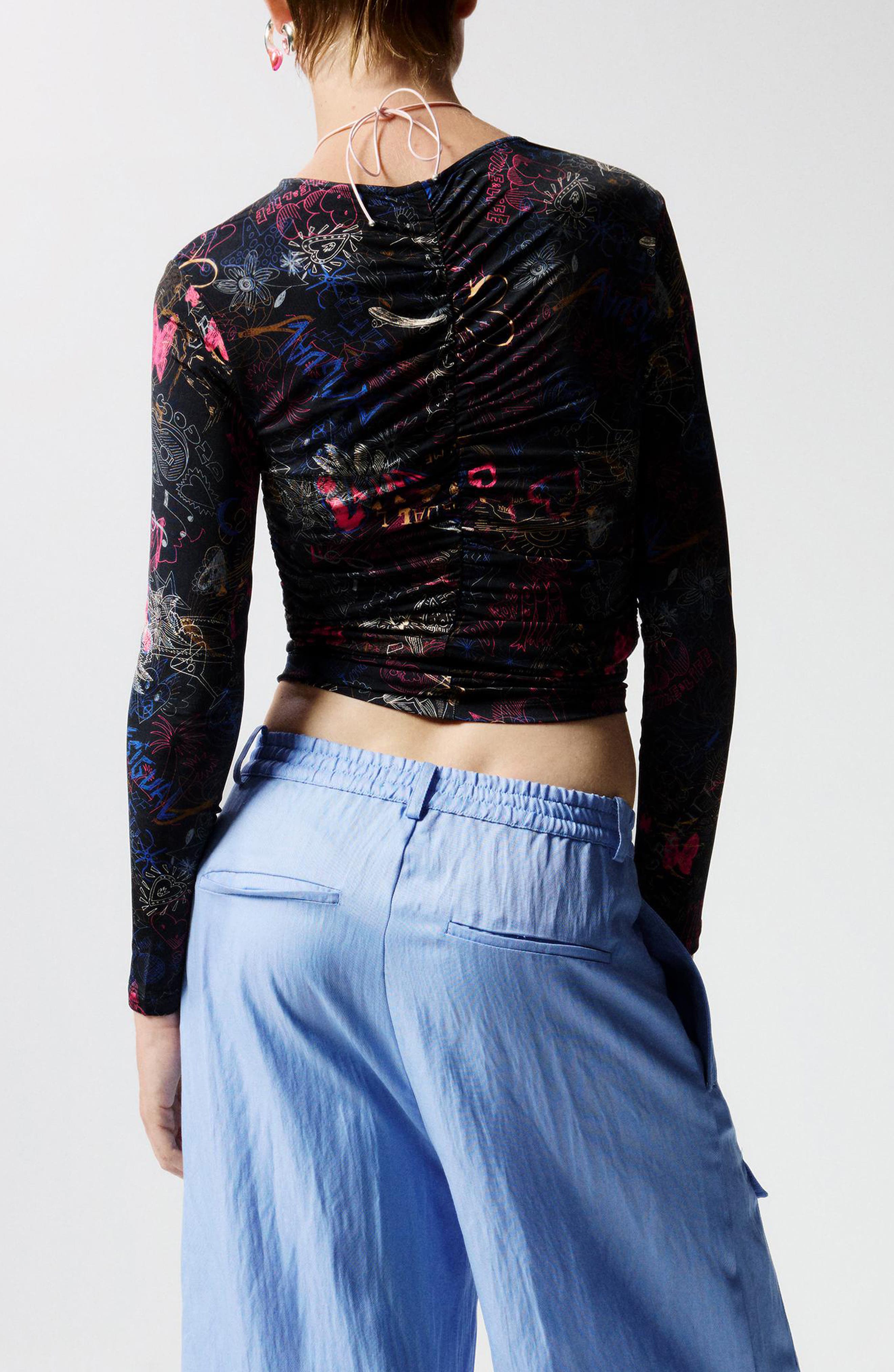Doodle Print Asymmetric Ruched Crop Top - image 2