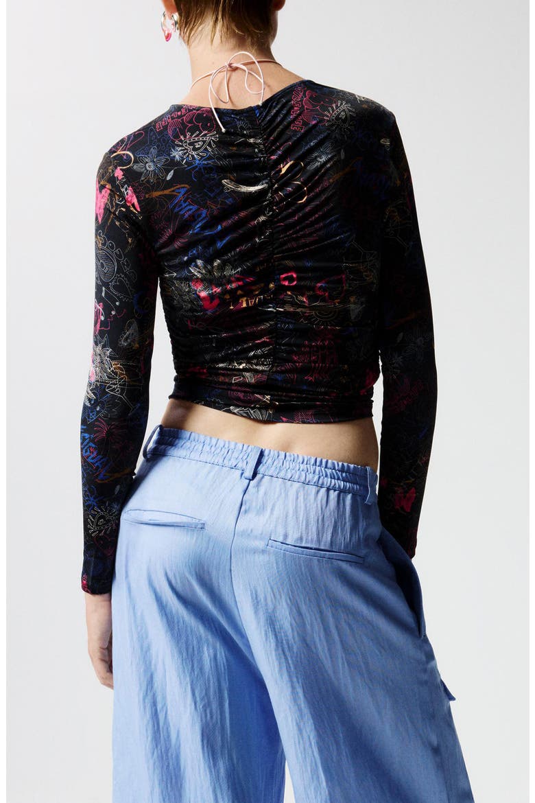 Doodle Print Asymmetric Ruched Crop Top, Alternate, color, BLACK