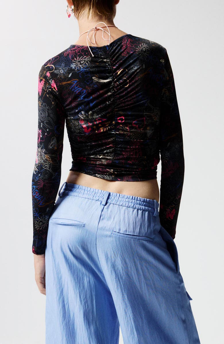 Desigual Doodle Print Asymmetric Ruched Crop Top, Alternate, color, 