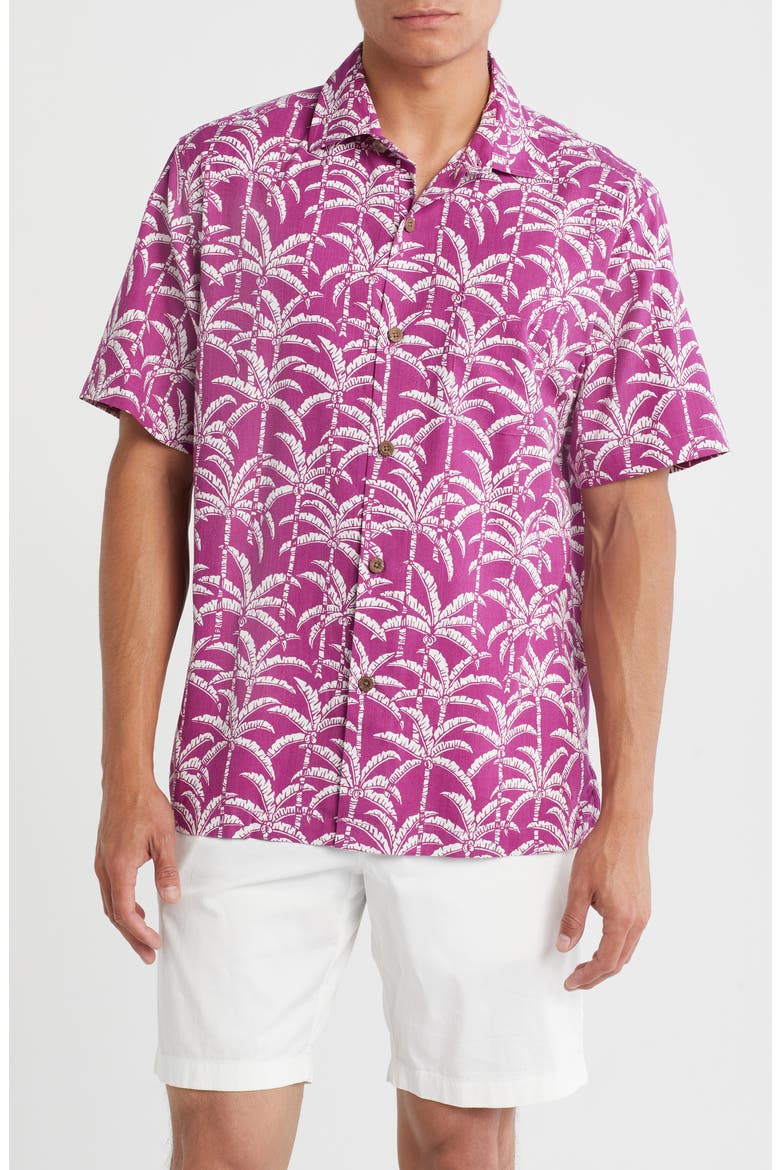 Palm Party Short Sleeve Silk Blend Button-Up Shirt, Main, color, DEEP HOLLYHOCK