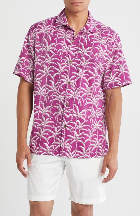 Palm Party Short Sleeve Silk Blend Button-Up Shirt