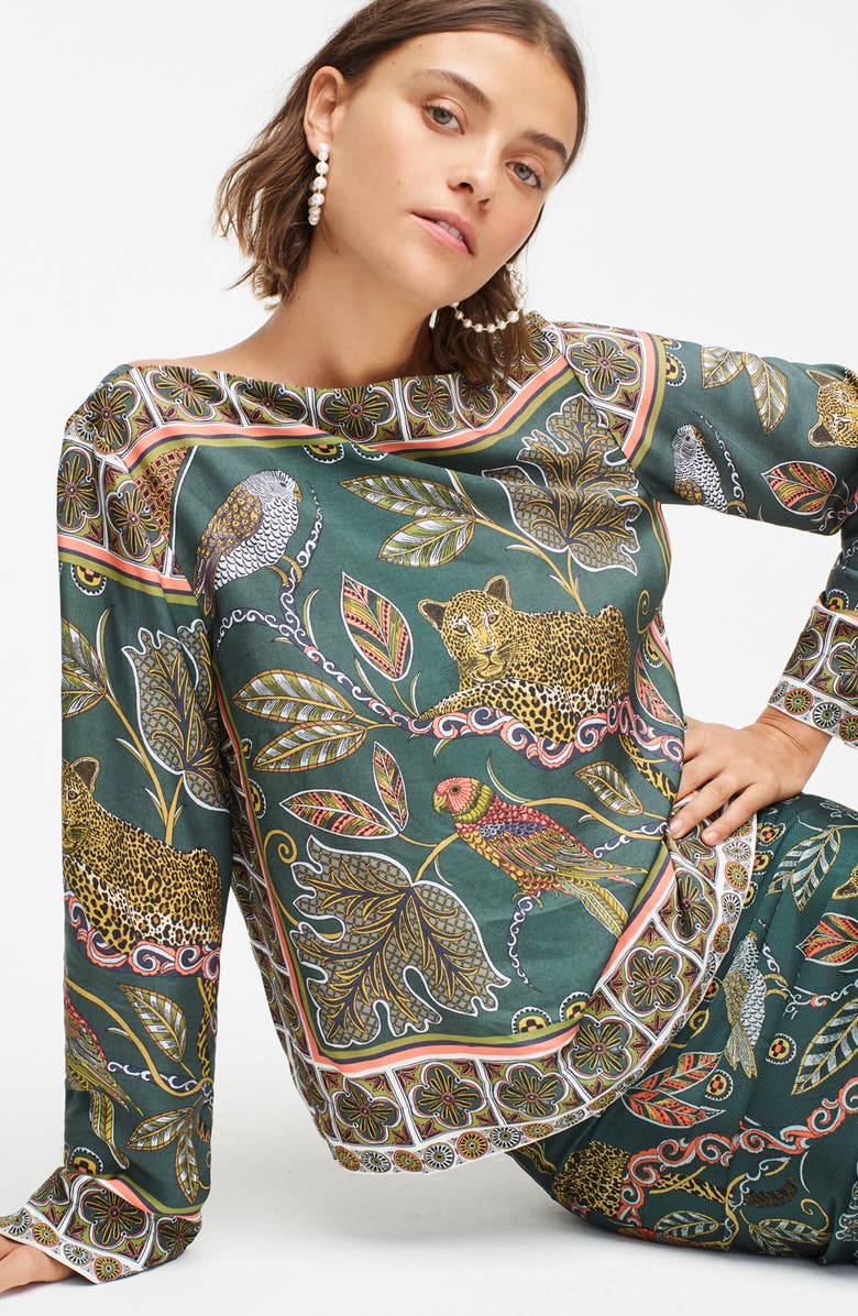 J.Crew Ornate Jungle Print Boat Neck Drapey Top, Alternate, color, 