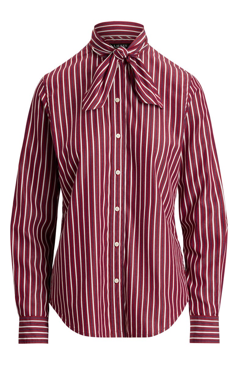 Lauren Ralph Lauren Stripe Cotton Tie Neck Button-Up Shirt, Alternate, color, Burgundy/ White Multi
