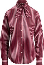 Lauren Ralph Lauren Stripe Cotton Tie Neck Button-Up Shirt