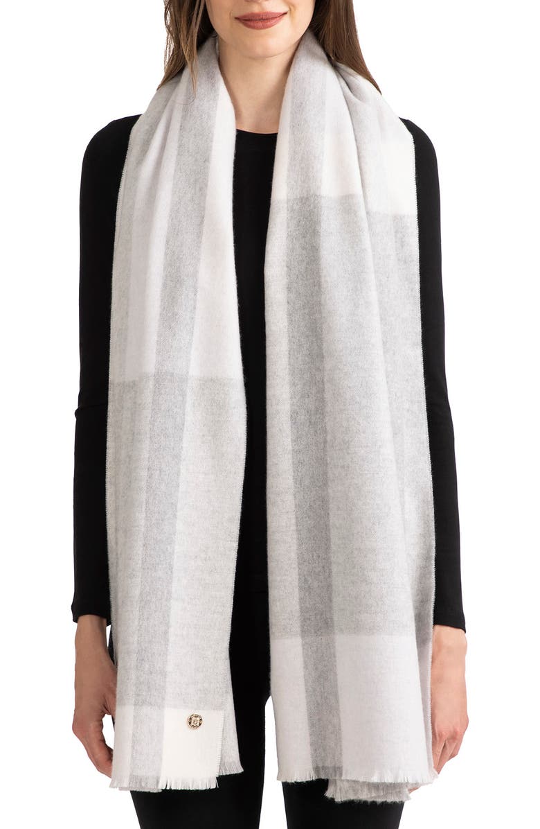 Bruno Magli Plaid Cashmere Scarf, Alternate, color, Grey