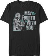 Star Wars: The Mandalorian Men's Star Wars The Mandalorian Distressed Mando And Grogu May The Fourth Graphic T-Shirt