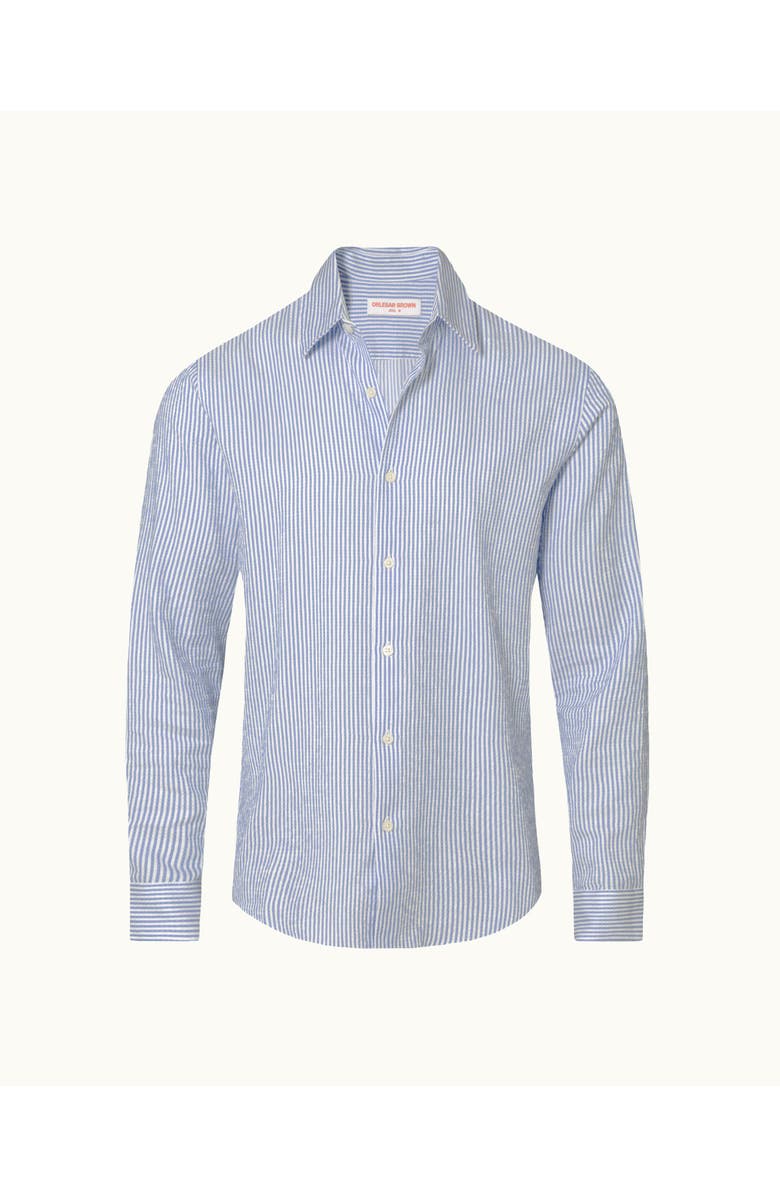 Orlebar Brown Giles Tailored Fit Linen Shirt, Main, color, Bergamo Blue Stripe
