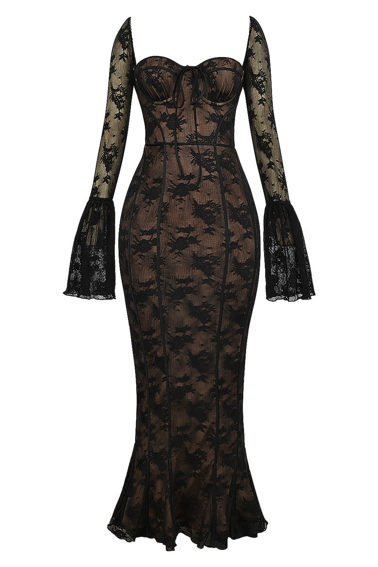 Delilah Long Sleeve Lace Overlay Mermaid Dress, Alternate, color, BLACK