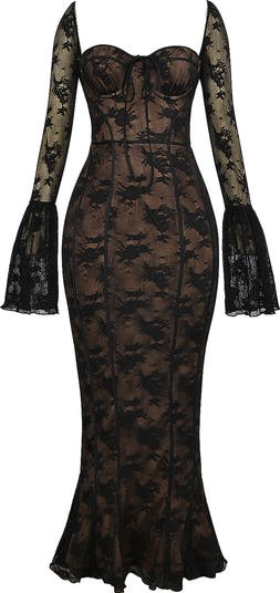 Delilah Long Sleeve Lace Overlay Mermaid Dress