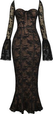HOUSE OF CB Delilah Long Sleeve Lace Overlay Mermaid Dress