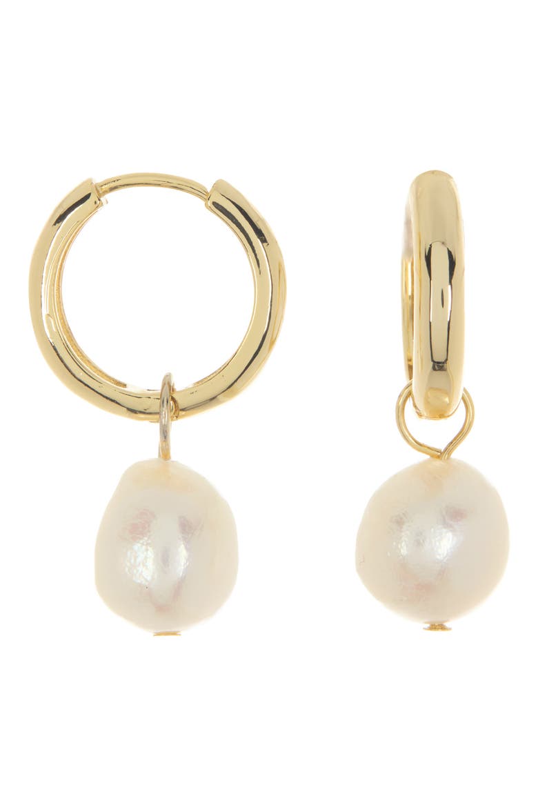 9.5-10mm Freshwater Pearl Drop Huggie Earrings, Main, color, WHITE- GOLD