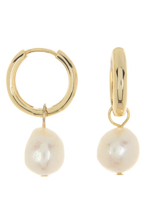 9.5-10mm Freshwater Pearl Drop Huggie Earrings
