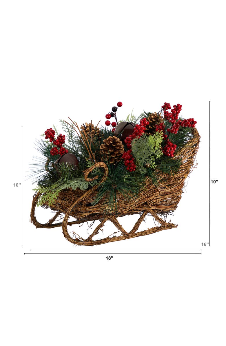 NEARLY NATURAL 18-in Christmas Sleigh with Pine, Pinecones and Berries Artificial Christmas Arrangement, Alternate, color, Green/Red
