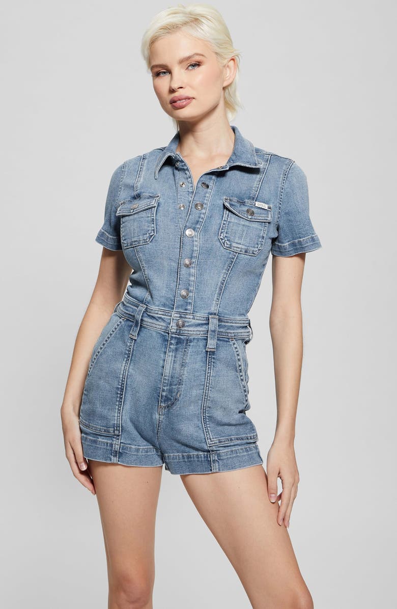GUESS Lara Denim Romper, Alternate, color, Blue