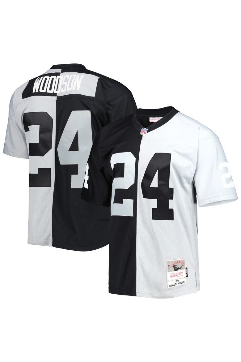 Men's Mitchell & Ness Charles Woodson Black/Silver Las Vegas Raiders 1998 Split Legacy Replica Jersey, Main, color, Black